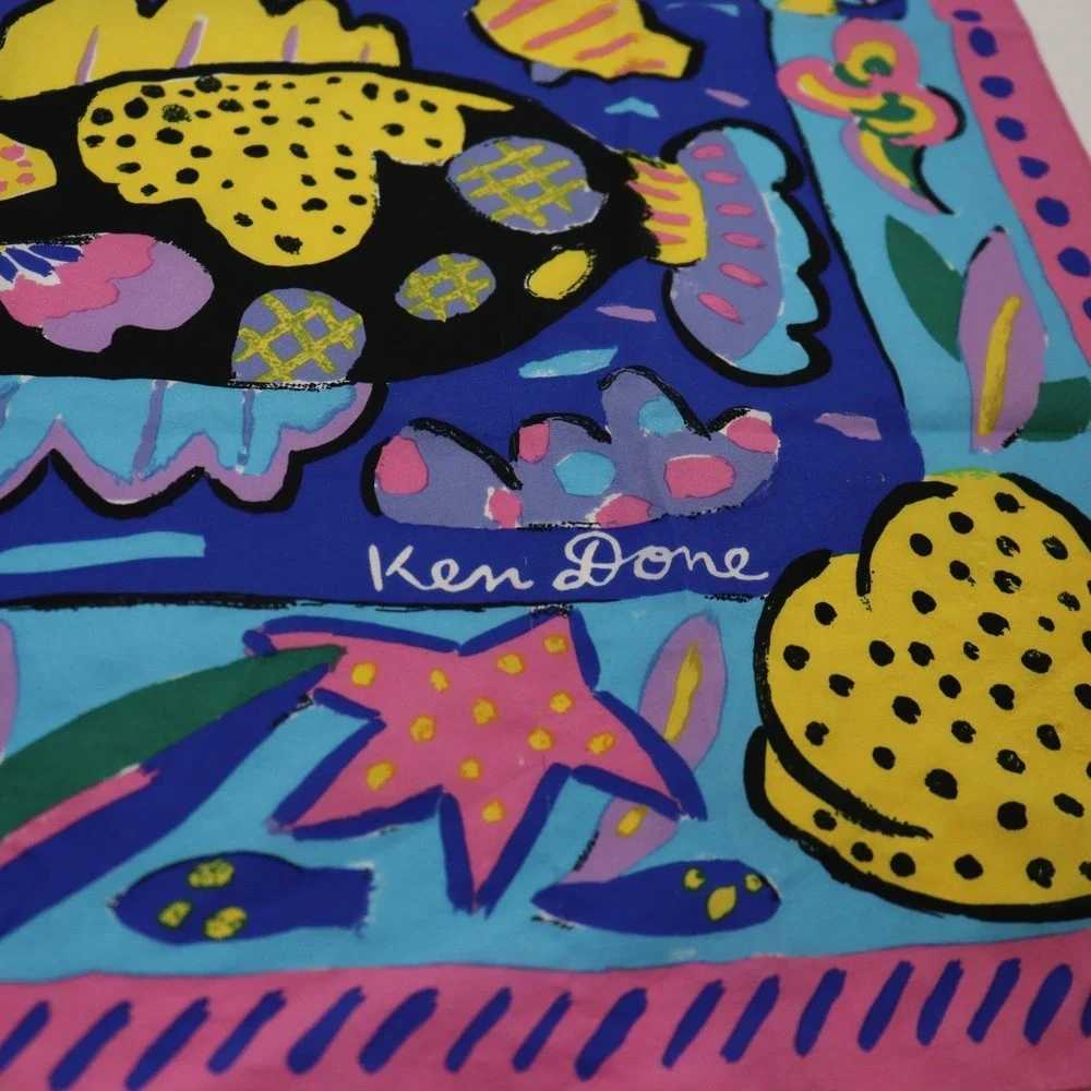 Ken Done Scarf Women OS Blue Pink Good Vintage 1982‎ Fish Silk Art Scarf